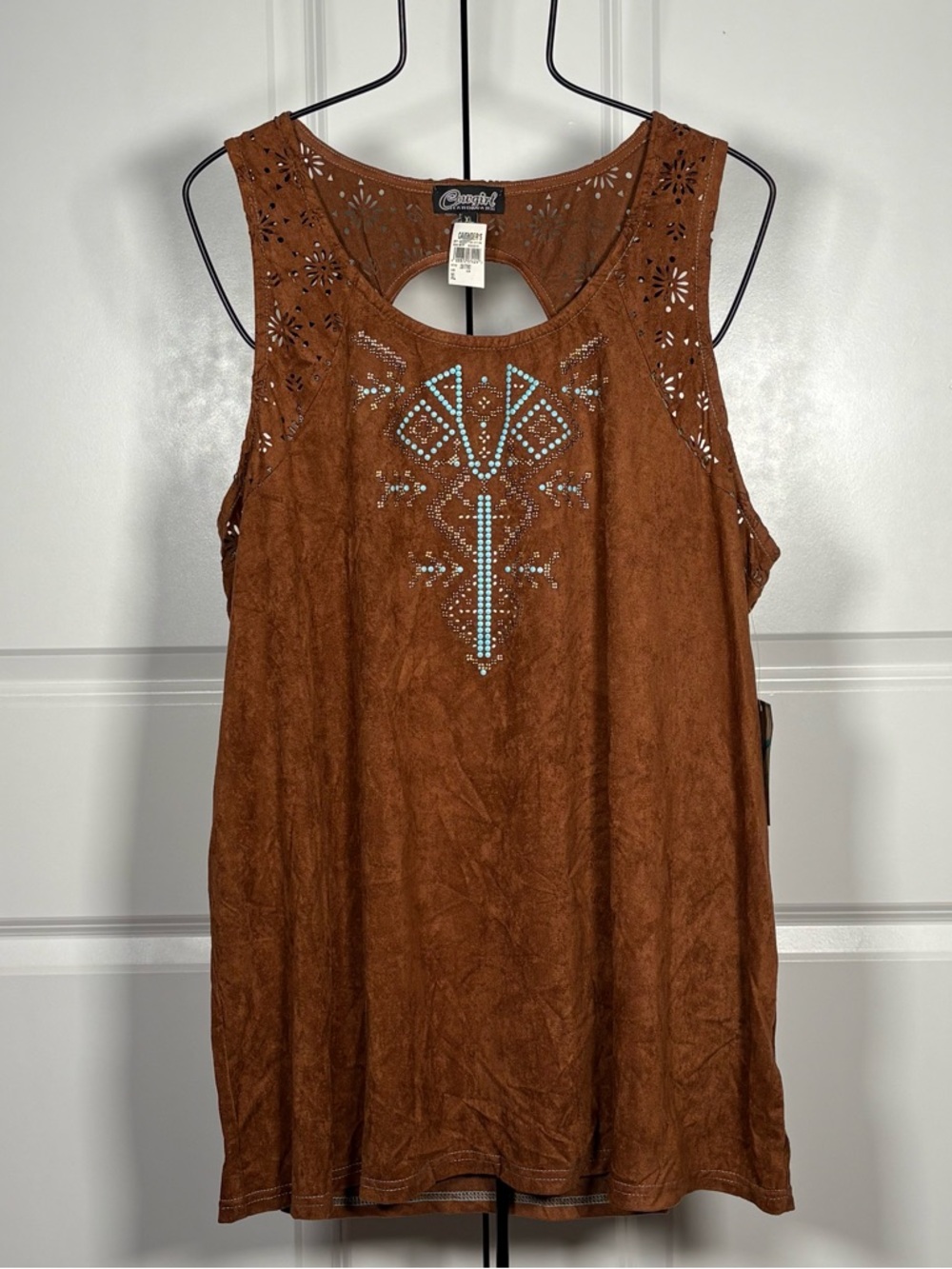 Cowgirl Hardware Brown Faux Suede Tank with Turquoise Stud Detail